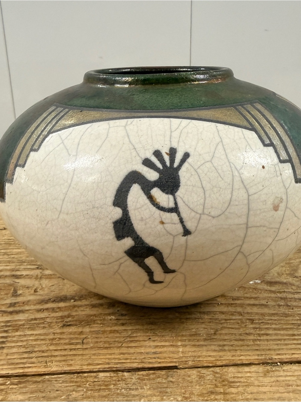 Raku and Crackle Ceramic vase with lid, metal finial on lid